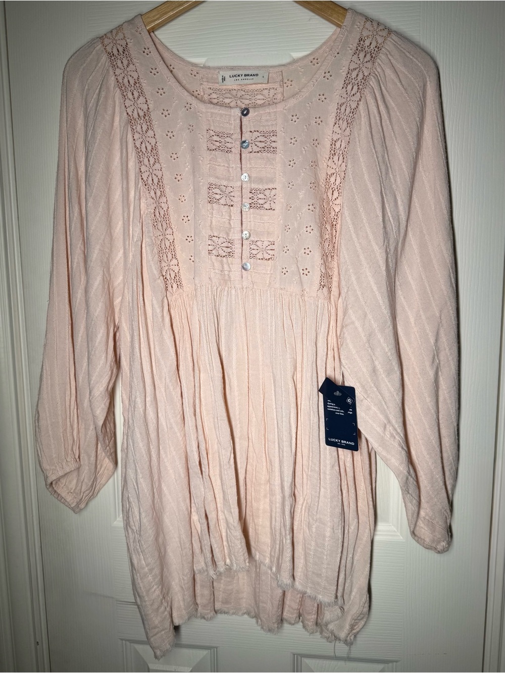 NWT Lucky Brand Blush Pink Eyelet Lace Peasant Tunic